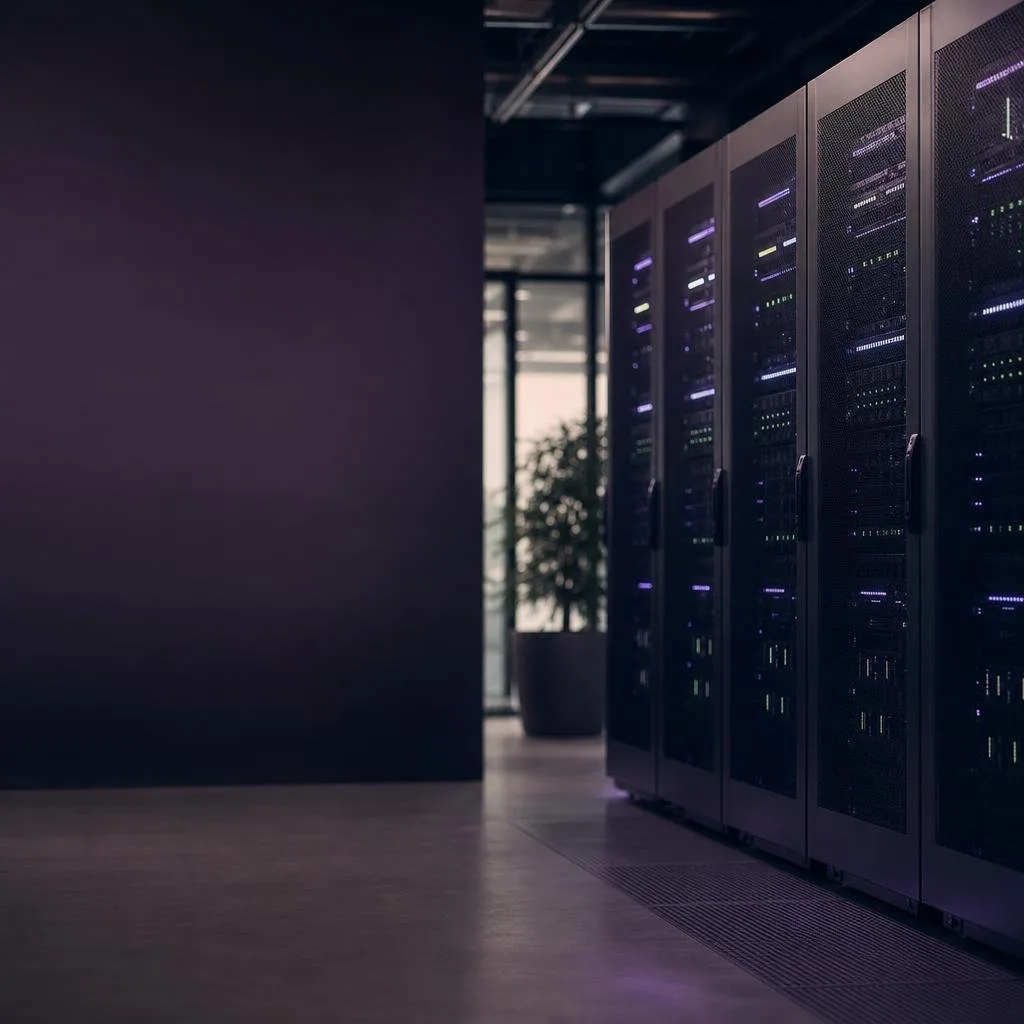 Secure server room with soft violet lighting